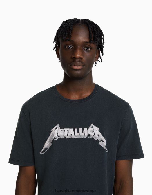 Bershka bărbați tricou decolorat cu imprimeu metallic, care se potrivește ușor negru Z86D2790 îmbrăcăminte