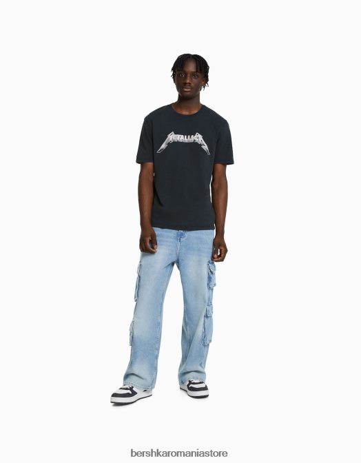 Bershka bărbați tricou decolorat cu imprimeu metallic, care se potrivește ușor negru Z86D2790 îmbrăcăminte