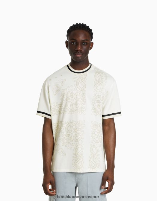 Bershka bărbați tricou din plasă cu mânecă scurtă, cu imprimeu paisley aproape alb Z86D2635 îmbrăcăminte
