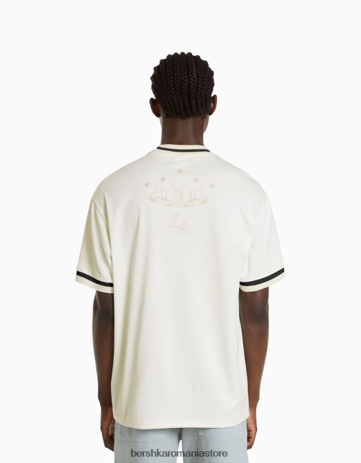 Bershka bărbați tricou din plasă cu mânecă scurtă, cu imprimeu paisley aproape alb Z86D2635 îmbrăcăminte