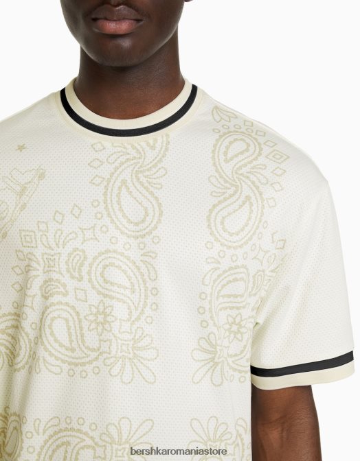 Bershka bărbați tricou din plasă cu mânecă scurtă, cu imprimeu paisley aproape alb Z86D2635 îmbrăcăminte