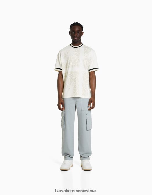 Bershka bărbați tricou din plasă cu mânecă scurtă, cu imprimeu paisley aproape alb Z86D2635 îmbrăcăminte