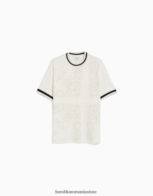 Bershka bărbați tricou din plasă cu mânecă scurtă, cu imprimeu paisley aproape alb Z86D2635 îmbrăcăminte