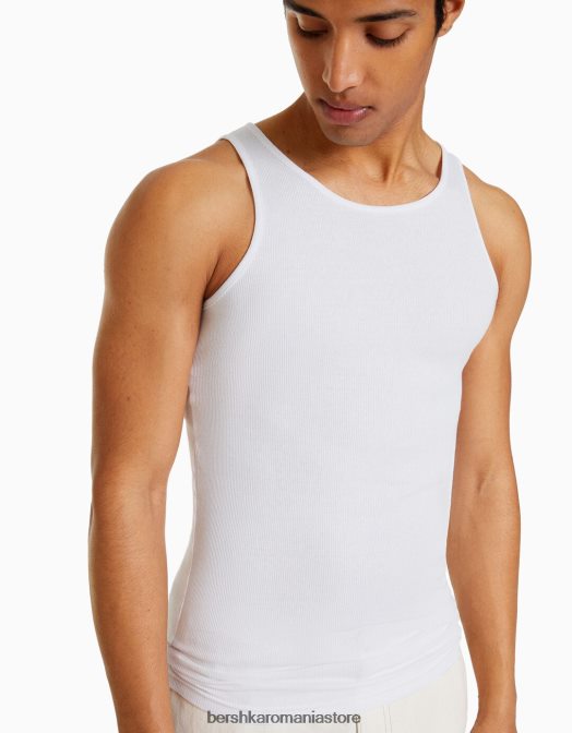 Bershka bărbați tricou fără mâneci cu nervuri alb Z86D2666 îmbrăcăminte