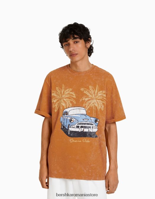 Bershka bărbați tricou imprimat boxy cu mâneci scurte suflate portocaliu închis Z86D2712 îmbrăcăminte