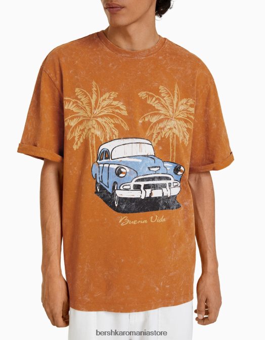 Bershka bărbați tricou imprimat boxy cu mâneci scurte suflate portocaliu închis Z86D2712 îmbrăcăminte