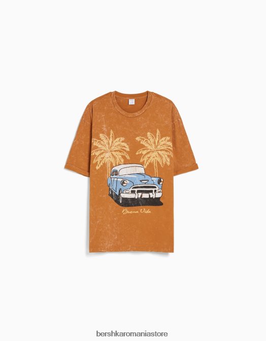 Bershka bărbați tricou imprimat boxy cu mâneci scurte suflate portocaliu închis Z86D2712 îmbrăcăminte