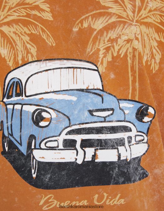 Bershka bărbați tricou imprimat boxy cu mâneci scurte suflate portocaliu închis Z86D2712 îmbrăcăminte