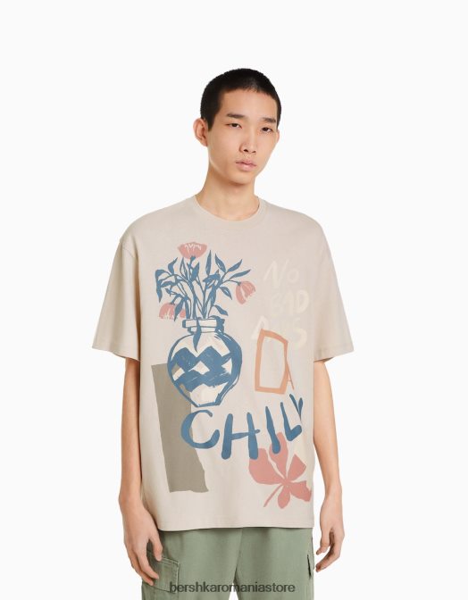 Bershka bărbați tricou imprimat cu mânecă scurtă, ușor de fixat cămilă Z86D2836 îmbrăcăminte