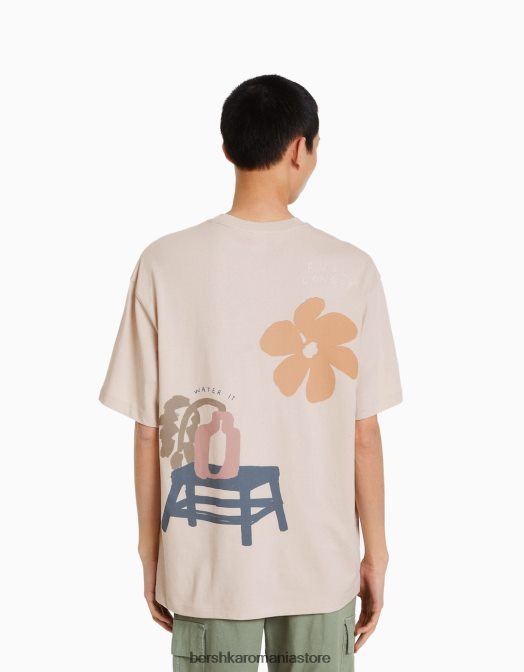 Bershka bărbați tricou imprimat cu mânecă scurtă, ușor de fixat cămilă Z86D2836 îmbrăcăminte