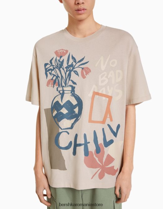 Bershka bărbați tricou imprimat cu mânecă scurtă, ușor de fixat cămilă Z86D2836 îmbrăcăminte