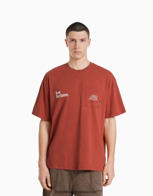 Bershka bărbați tricou imprimat cu maneca scurta cu buzunar portocaliu închis Z86D2834 îmbrăcăminte