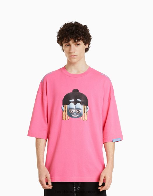 Bershka bărbați tricou imprimat cu maneci 3/4 lungime fucsie Z86D2752 îmbrăcăminte