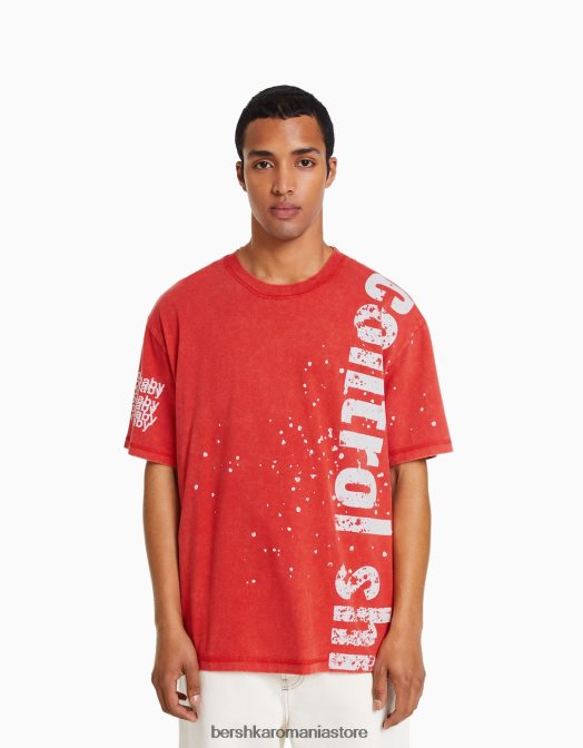 Bershka bărbați tricou imprimat decolorat cu maneca scurta roșu Z86D2840 îmbrăcăminte