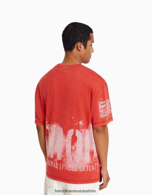 Bershka bărbați tricou imprimat decolorat cu maneca scurta roșu Z86D2840 îmbrăcăminte