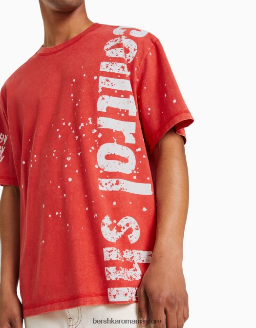 Bershka bărbați tricou imprimat decolorat cu maneca scurta roșu Z86D2840 îmbrăcăminte