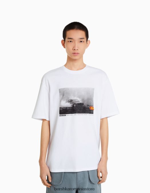Bershka bărbați tricou oversize cu maneca scurta cu imprimeu de curse alb Z86D2620 îmbrăcăminte