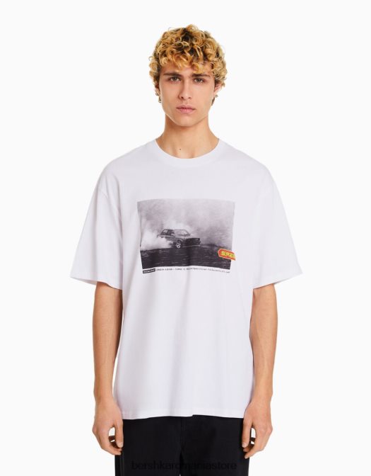 Bershka bărbați tricou oversize cu maneca scurta cu imprimeu de curse alb Z86D2621 îmbrăcăminte