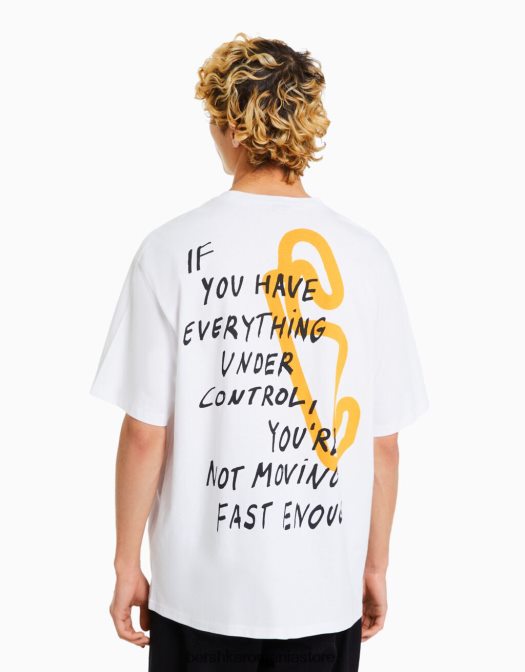 Bershka bărbați tricou oversize cu maneca scurta cu imprimeu de curse alb Z86D2621 îmbrăcăminte