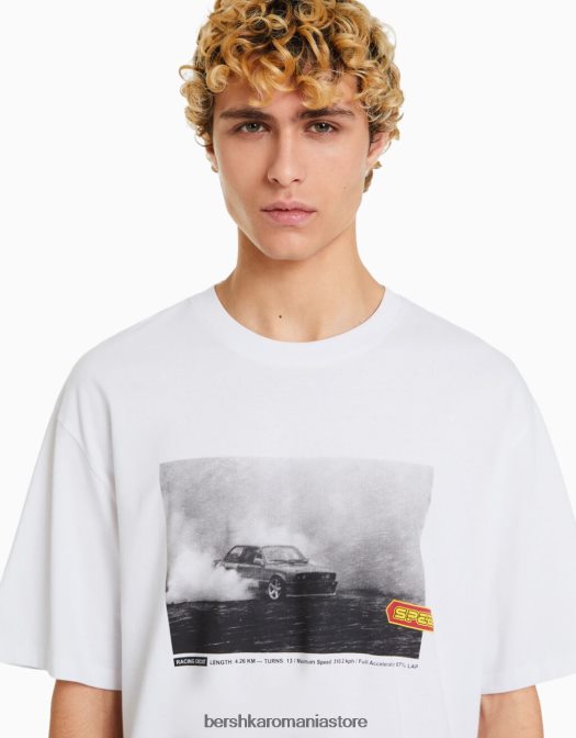 Bershka bărbați tricou oversize cu maneca scurta cu imprimeu de curse alb Z86D2621 îmbrăcăminte