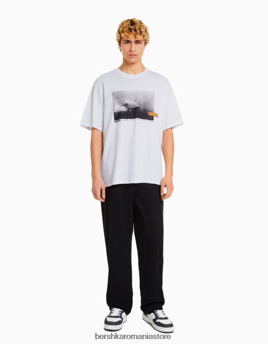 Bershka bărbați tricou oversize cu maneca scurta cu imprimeu de curse alb Z86D2621 îmbrăcăminte