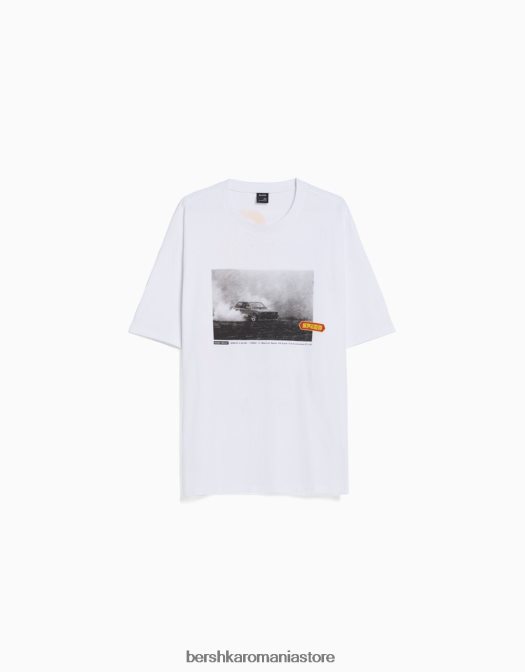 Bershka bărbați tricou oversize cu maneca scurta cu imprimeu de curse alb Z86D2621 îmbrăcăminte