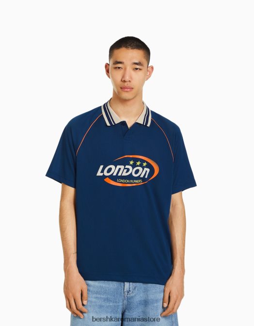 Bershka bărbați tricou polo de fotbal retro sport cu mânecă scurtă marina Z86D2787 îmbrăcăminte