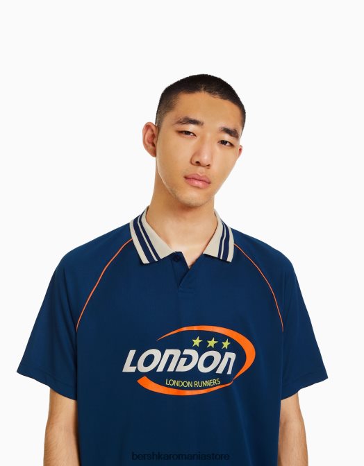 Bershka bărbați tricou polo de fotbal retro sport cu mânecă scurtă marina Z86D2787 îmbrăcăminte