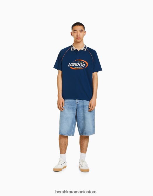 Bershka bărbați tricou polo de fotbal retro sport cu mânecă scurtă marina Z86D2787 îmbrăcăminte