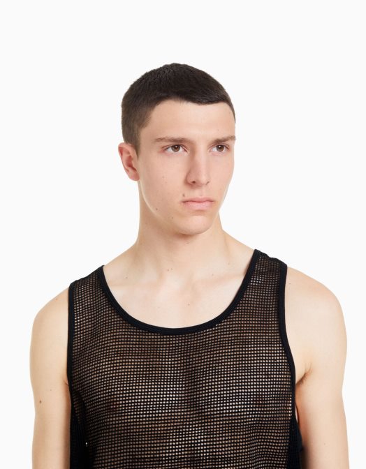 Bershka bărbați tricou rustic din plasă cu bretele negru Z86D2622 îmbrăcăminte