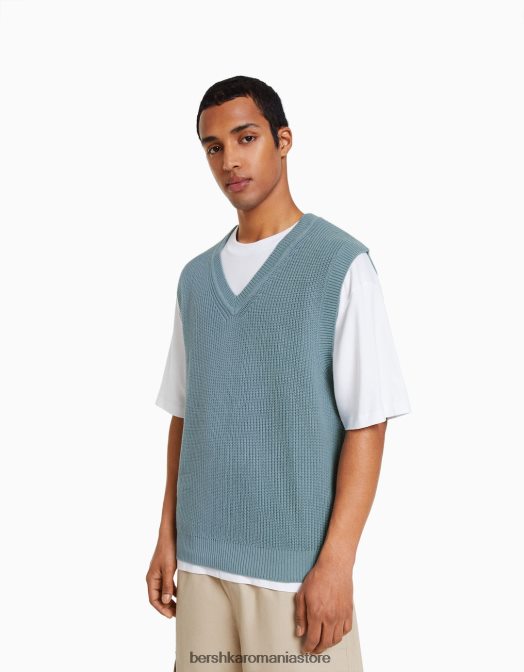 Bershka bărbați vestă din tricot cu decolteu în V albastru deschis Z86D2999 îmbrăcăminte