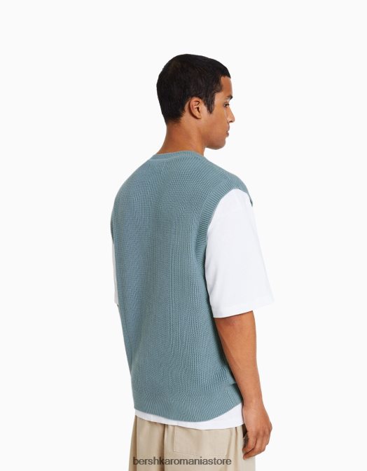 Bershka bărbați vestă din tricot cu decolteu în V albastru deschis Z86D2999 îmbrăcăminte
