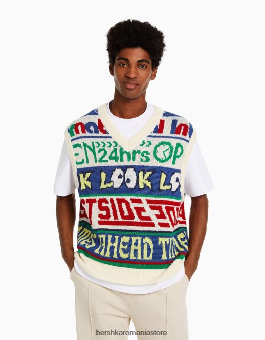 Bershka bărbați vestă din tricot cu decolteu în V intarsia cremă Z86D3007 îmbrăcăminte