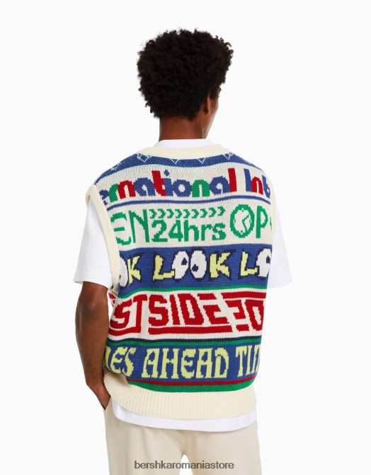 Bershka bărbați vestă din tricot cu decolteu în V intarsia cremă Z86D3007 îmbrăcăminte