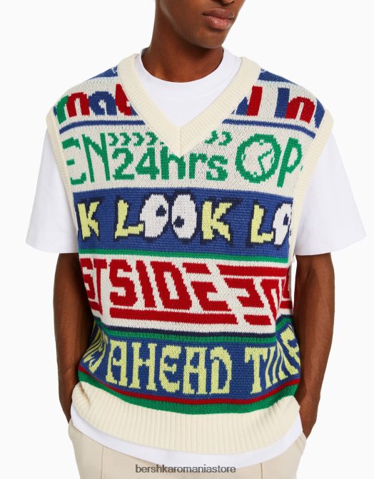 Bershka bărbați vestă din tricot cu decolteu în V intarsia cremă Z86D3007 îmbrăcăminte