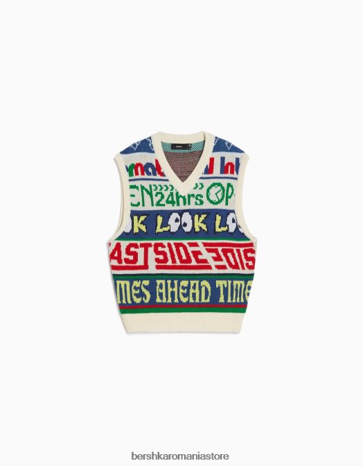 Bershka bărbați vestă din tricot cu decolteu în V intarsia cremă Z86D3007 îmbrăcăminte