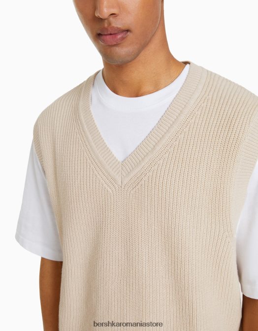 Bershka bărbați vestă din tricot cu decolteu în V nisip Z86D2998 îmbrăcăminte