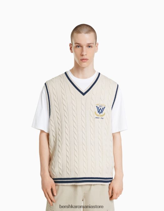 Bershka bărbați vesta din tricot brodata cremă Z86D3004 îmbrăcăminte