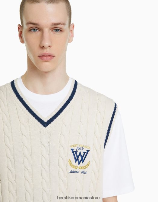 Bershka bărbați vesta din tricot brodata cremă Z86D3004 îmbrăcăminte