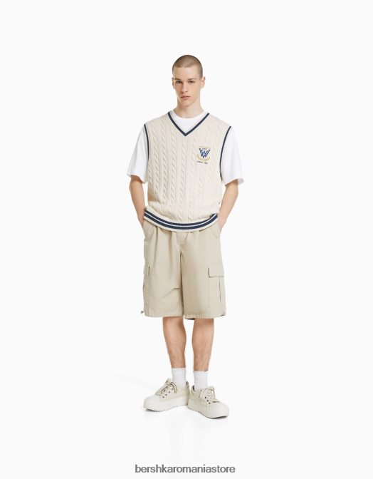 Bershka bărbați vesta din tricot brodata cremă Z86D3004 îmbrăcăminte