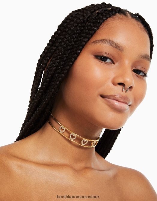 Bershka femei choker rigid cu inimioare de strass aur Z86D2500 accesorii
