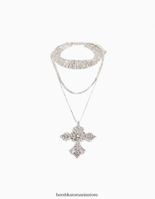 Bershka femei set de 3 choker cu strasuri si coliere cu lant in cruce argint Z86D2488 accesorii