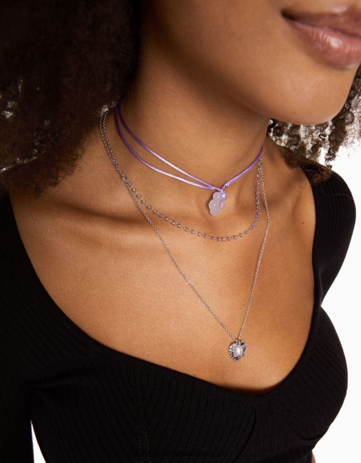 Bershka femei set de 4 colier coarde cu farmec de flori si detaliu fluture argint Z86D2447 accesorii