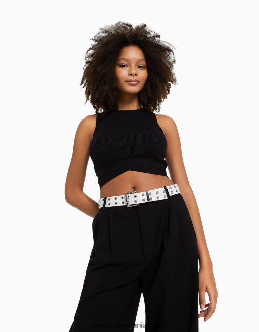 Bershka femei centura din imitatie de piele cu ochiuri alb Z86D2547 accesorii