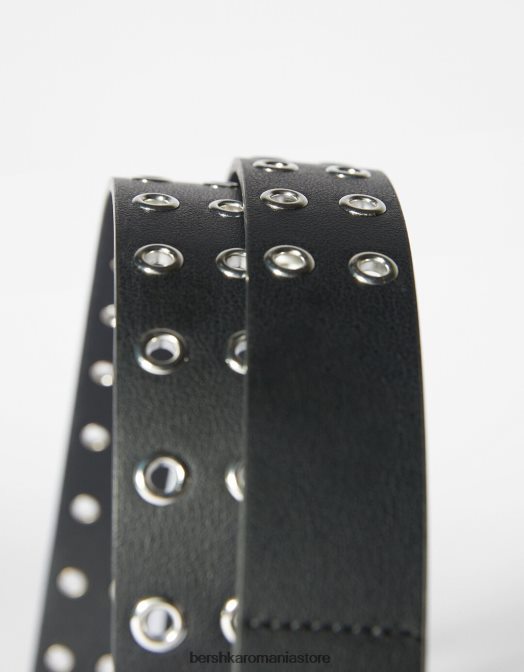 Bershka femei centura din imitatie de piele cu ochiuri negru Z86D2549 accesorii