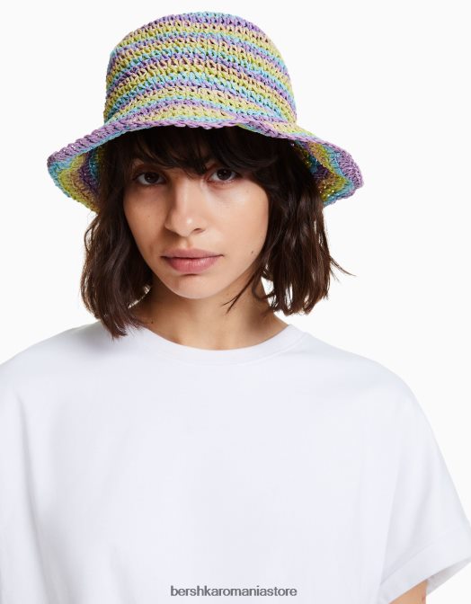 Bershka femei pălărie de găleată din rafie în dungi violet Z86D1871 accesorii