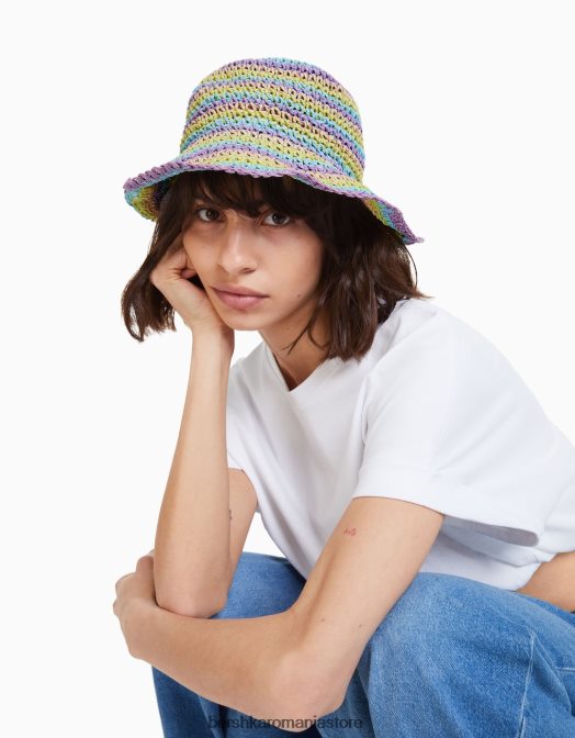 Bershka femei pălărie de găleată din rafie în dungi violet Z86D1871 accesorii