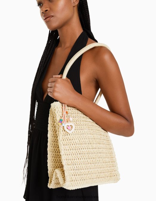 Bershka femei Geanta din amestec de rafie cu bretele si brelocuri nisip Z86D1932 accesorii