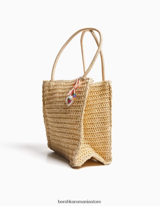 Bershka femei Geanta din amestec de rafie cu bretele si brelocuri nisip Z86D1932 accesorii