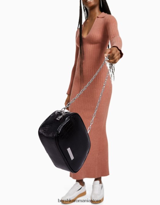 Bershka femei geanta texturata cu bareta si fermoar dublu negru Z86D2400 accesorii